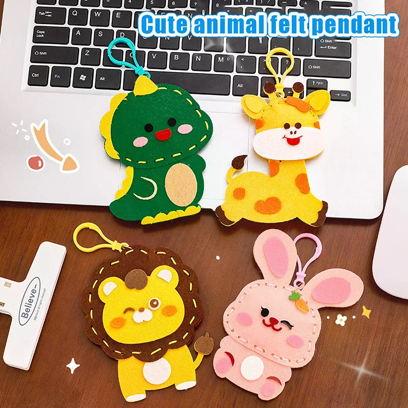 1 Set Kids Birthday Party Gift Cartoon Animal Rabbit Dinosaur DIY Non Woven Keychain Sewing Kit Ornament For School Rewards