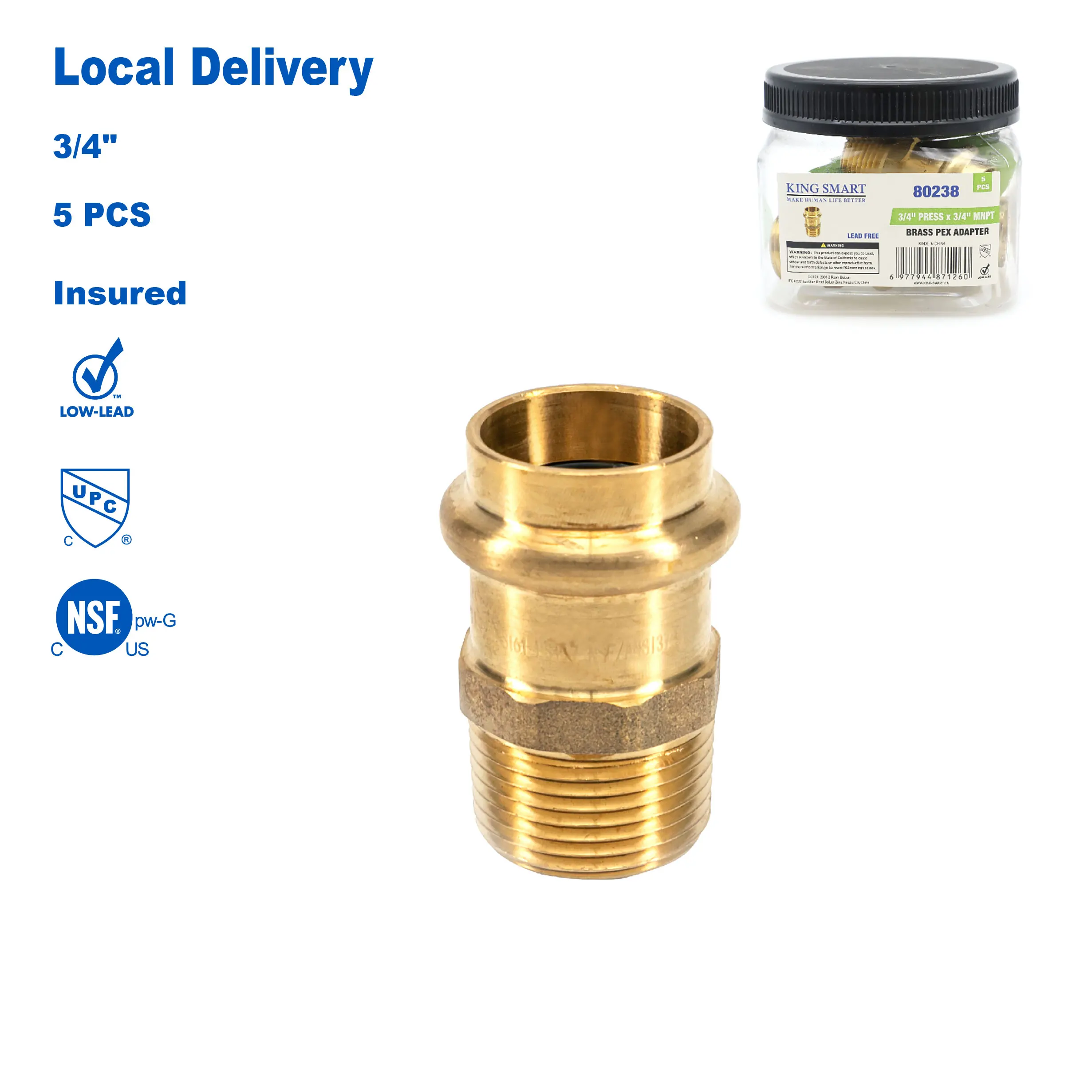 

KING SMART 3/4" Press * 3/4" Male NPT Straight Adapter; 5 Pcs/Case; Lead Free Brass; 80238