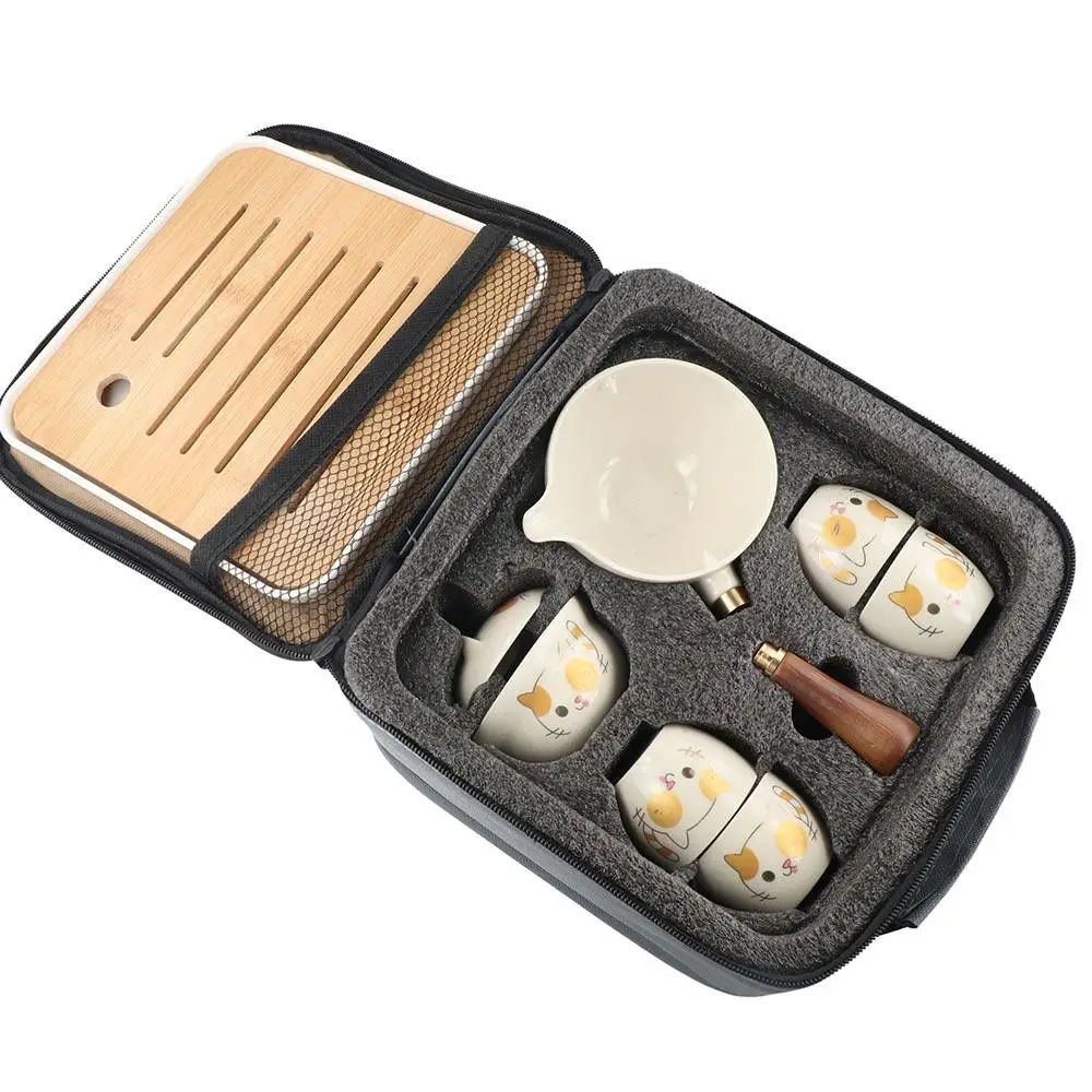 

5/7 шт. 360 ° Вращающийся набор чайников Lucky Cat в японском стиле, керамический чайник кунг-фу, набор с пакетом и подносом для чая, пузырьковый чайный сервиз, дорожный