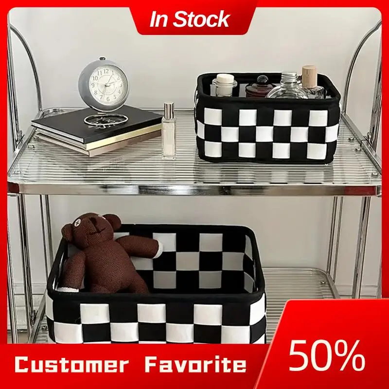 AT03 Cesta de almacenamiento a cuadros elegante superior en blanco y negro, perfecta para uso doméstico, organizador de juguetes y cosméticos