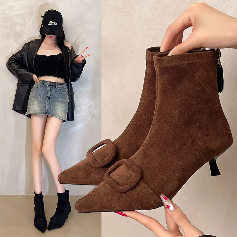 

2025 г. Лидер продаж, простые женские ботильоны на высоком каблуке, зимние ботинки с острым носком, элегантное платье, женские короткие ботинки «Челси», модные