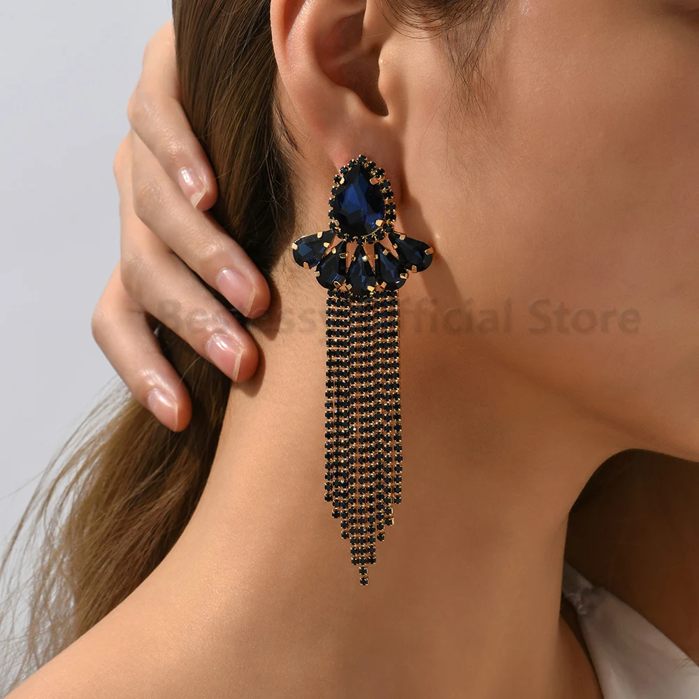 Shiny Inlaid Glass Elegant Alloy Long Tassel Earrings For Women Dinner Party Sexy Skirt Paired Ear Accessories Fashion Jewelry