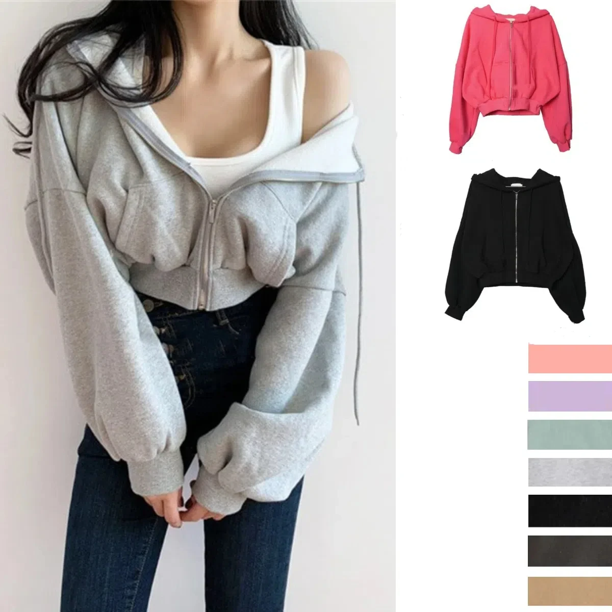 Women Plain High-waisted Fleece Short Zip Up Hoodies Winter Basic Casual Loose Sweatshirt S to XXL Oversized Hooded Jackets Coat