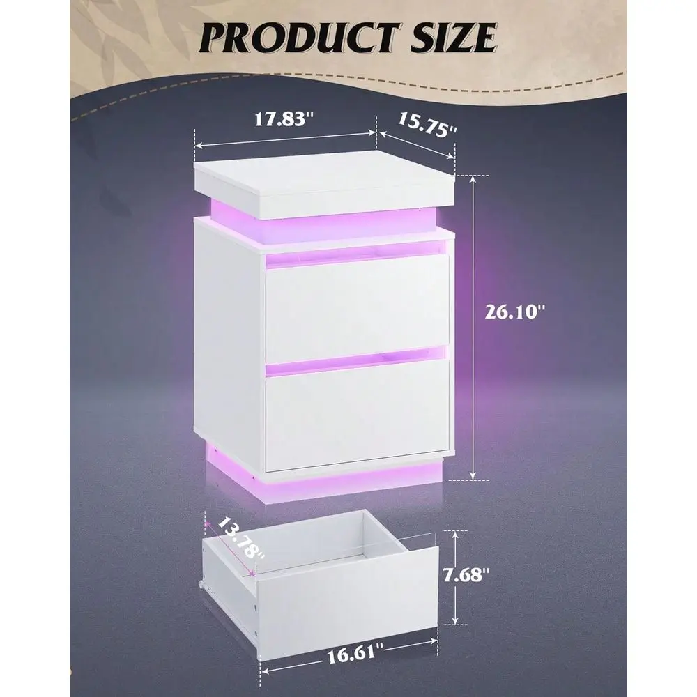 Modern 2 Drawer Nightstand, Smart LED End Table with APP-Controlled RGB Lights, Charging Station and Hidden Storage - view 4