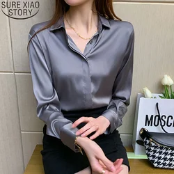 2024 Spring Office Lady Silk Blouse New Satin Shirts Women Chiffon Blouses Turn Down Collar Long Sleeve Tops Casual Loose Tops