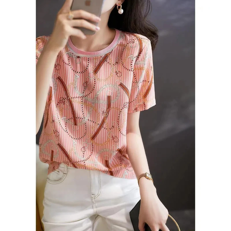 Korean Fashion Summer Women's O-Neck Printing Patchwork Striped Screw Thread Simplicity Casual Loose Short Sleeve T-Shirts Tops