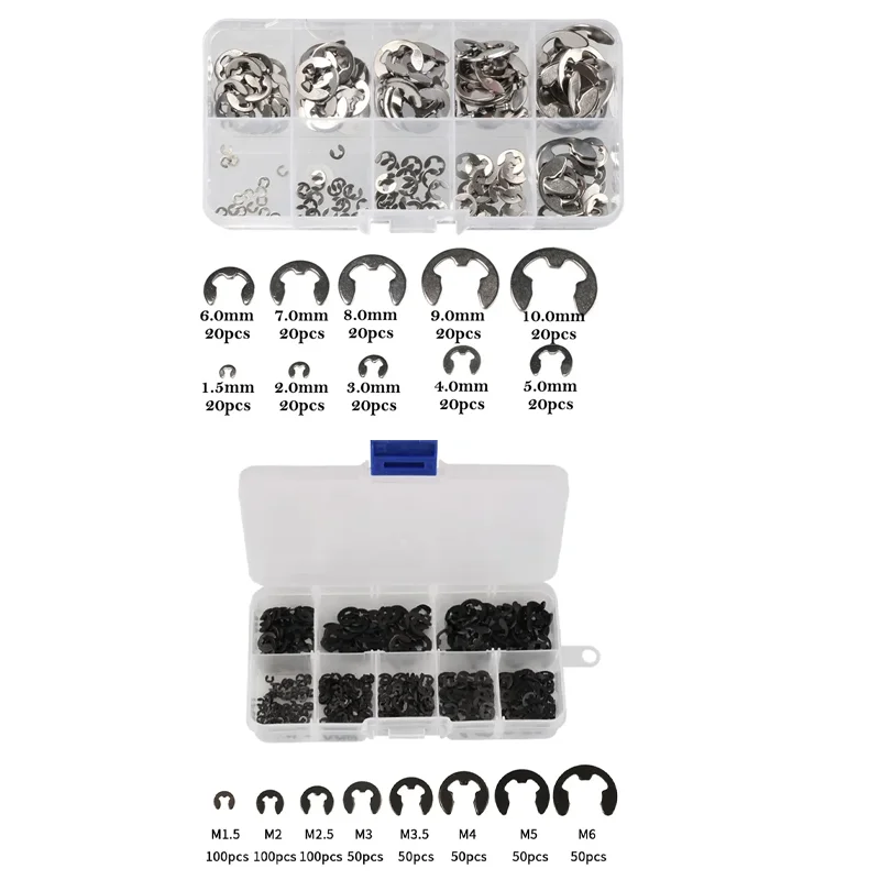 200/550pcs E-clips Washer Snap Retaining Circlip Stainless Steel/Carbon Steel E Type Clips 1.5/2/3/4/5/6/7/8/9/10mm Locking Ring