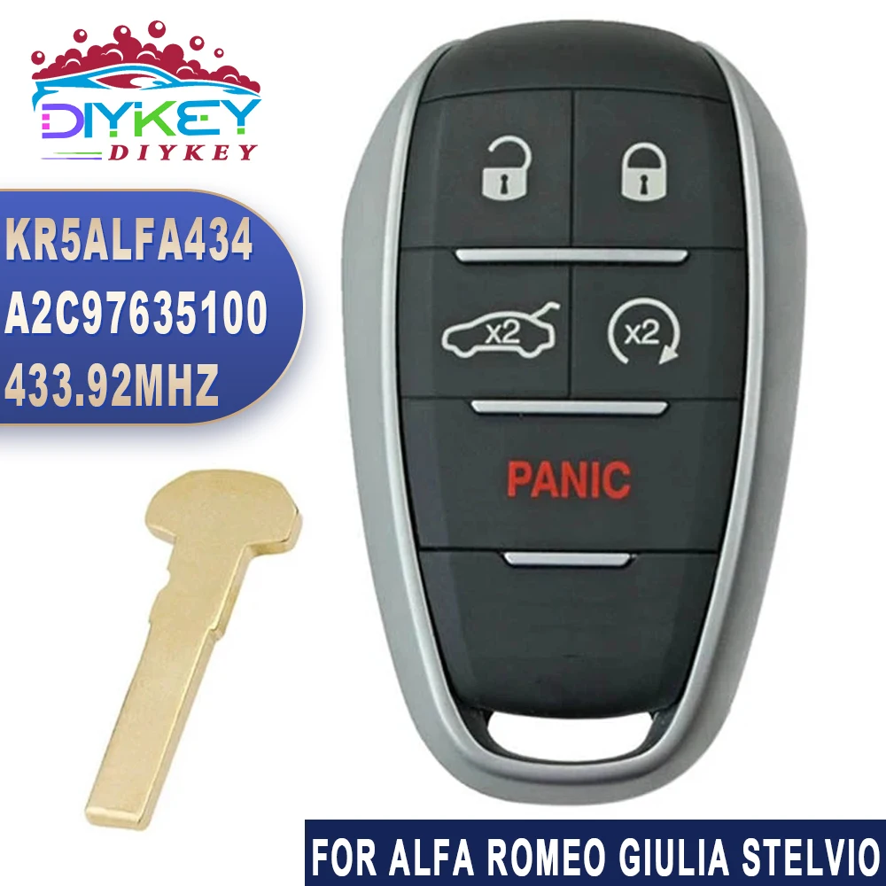 DIYKEY A2C 97635100 Pilot zdalnego sterowania 433 MHz 4A z 5 przyciskami do Alfa Romeo Giulia Stelvio 2017 2018 2019 2020 FCC ID: KR5ALFA434