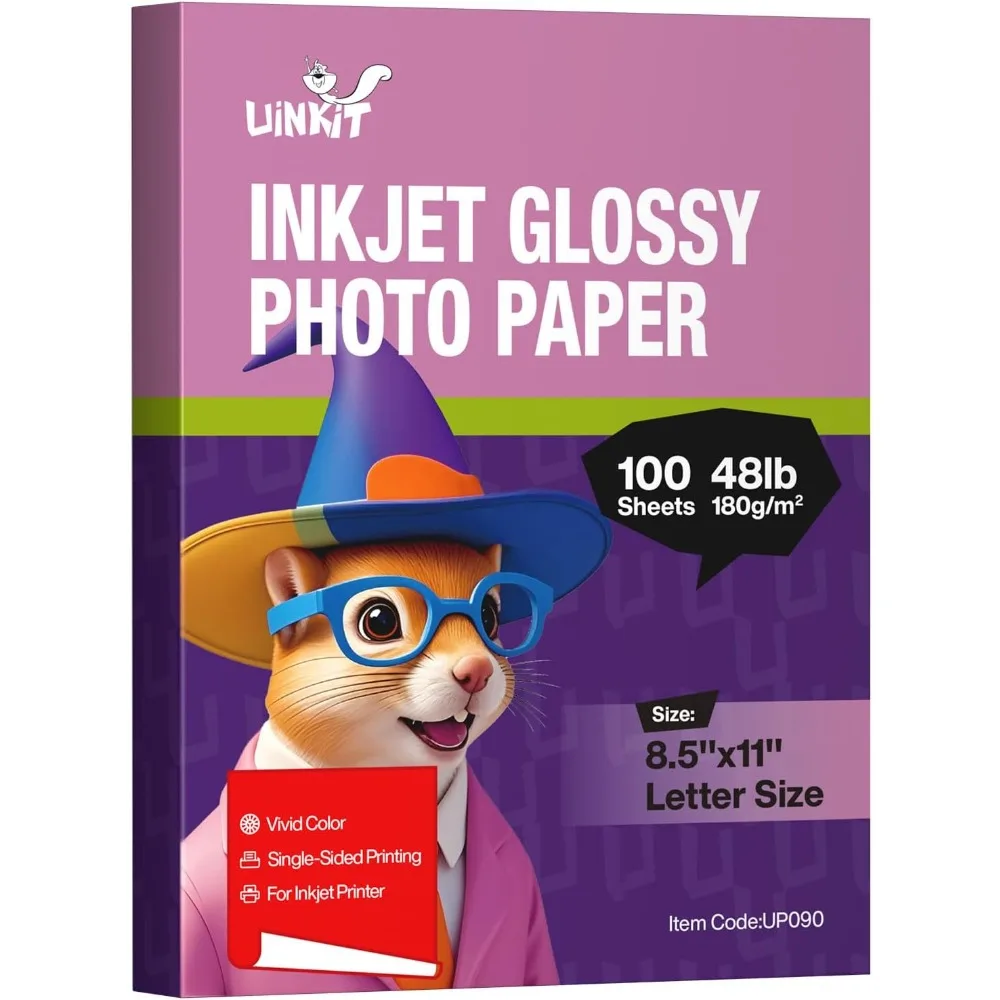 

White Glossy 8.5x11 Inkjet Photo Paper 180GSM 48lb 8.5Mil 100 Sheets Letter Size Instant Dry for All Inkjet Printers