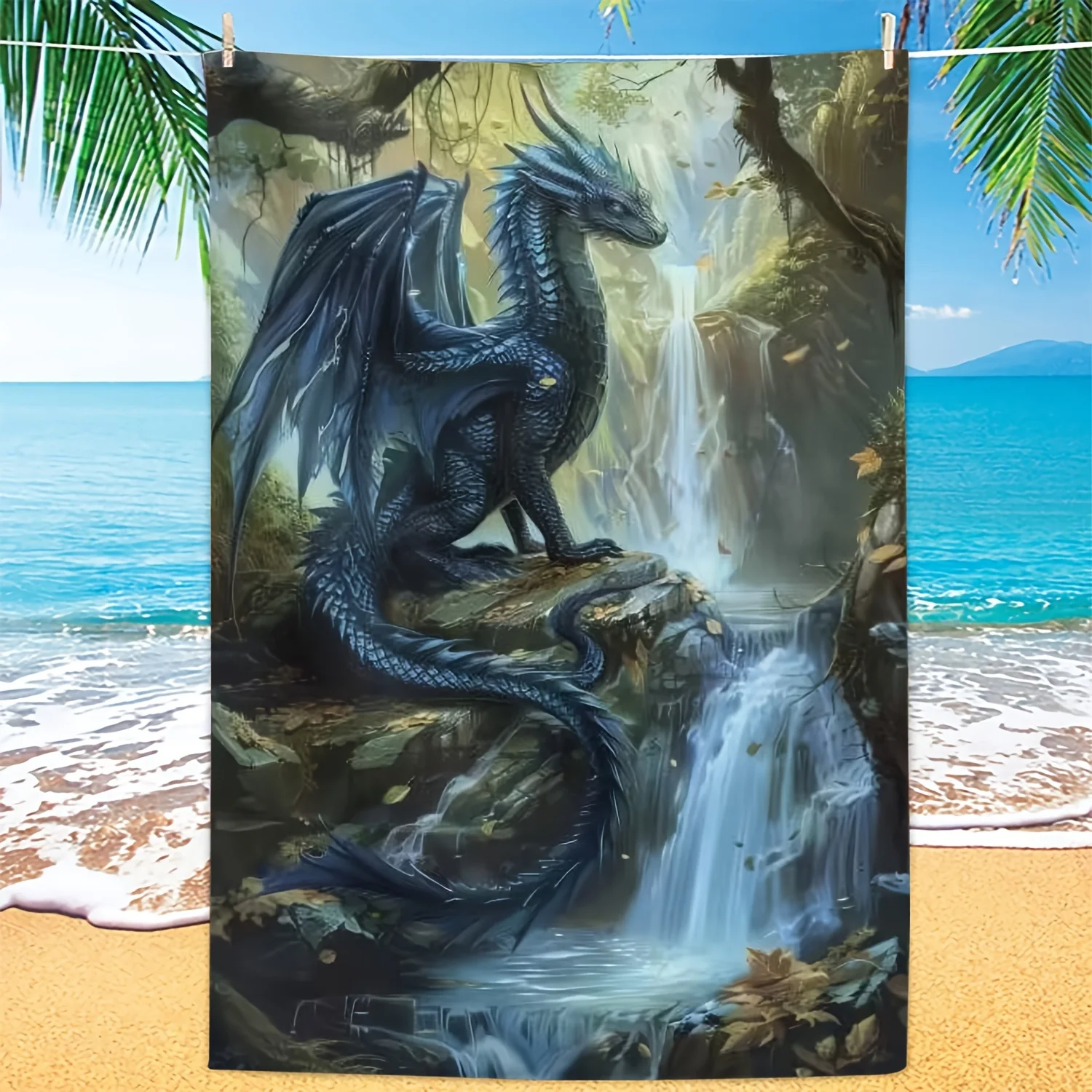 

Dragon Beach Towel Fantasy Creature Print Waterfall Scene Design Quick Dry Soft Microfiber Bath Towel For Men Fantasy Fans