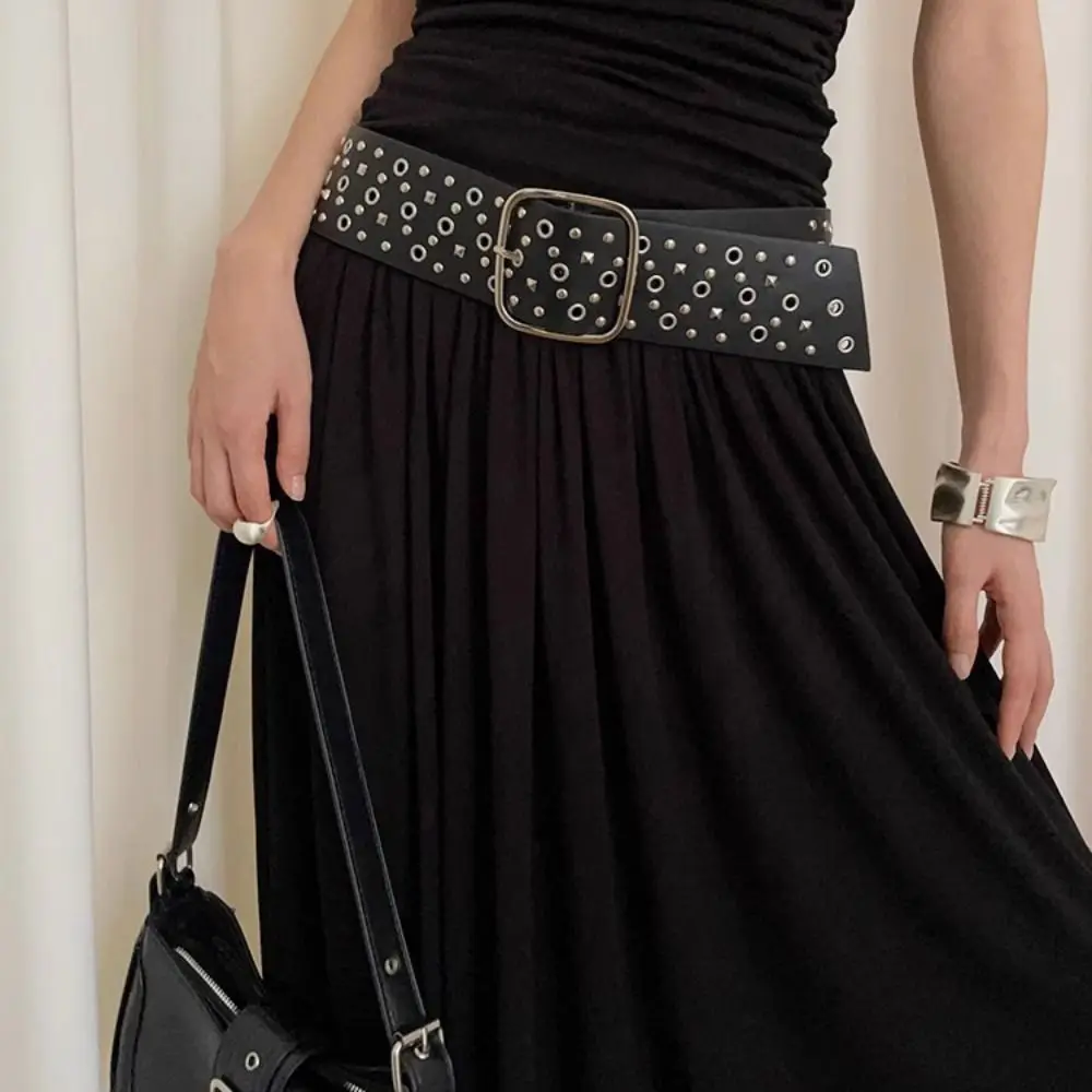 Simple Rivet Cowgirl Belt Harajuku Y2K Wide Waistband Aesthetic Round Buckle PU Leather Belt Clothing Accessories