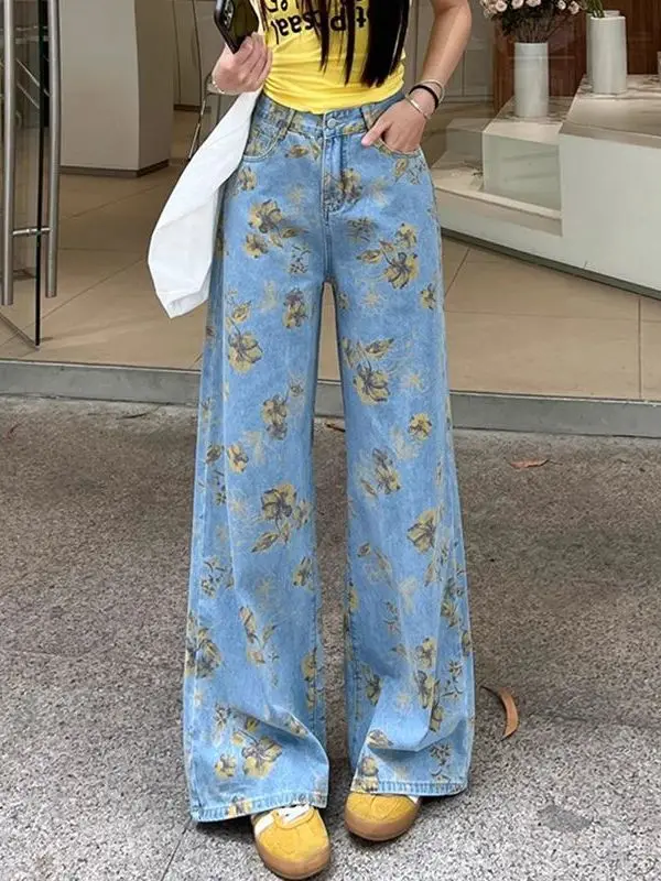 

Широкие синие джинсы с высокой талией и принтом тай-дай, женские свободные длинные брюки прямого кроя, повседневные осенние новые поступления