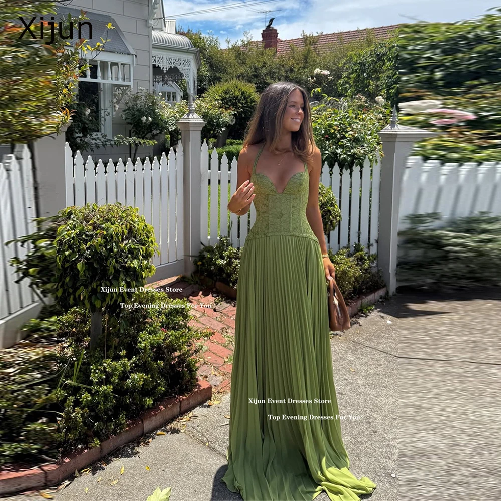 

Xijun Olive Green Long Evening Dresses Halter A-Line Sweetheart Prom Dresses Sleeveless Corset Formal Prom Gowns 2026 Customized