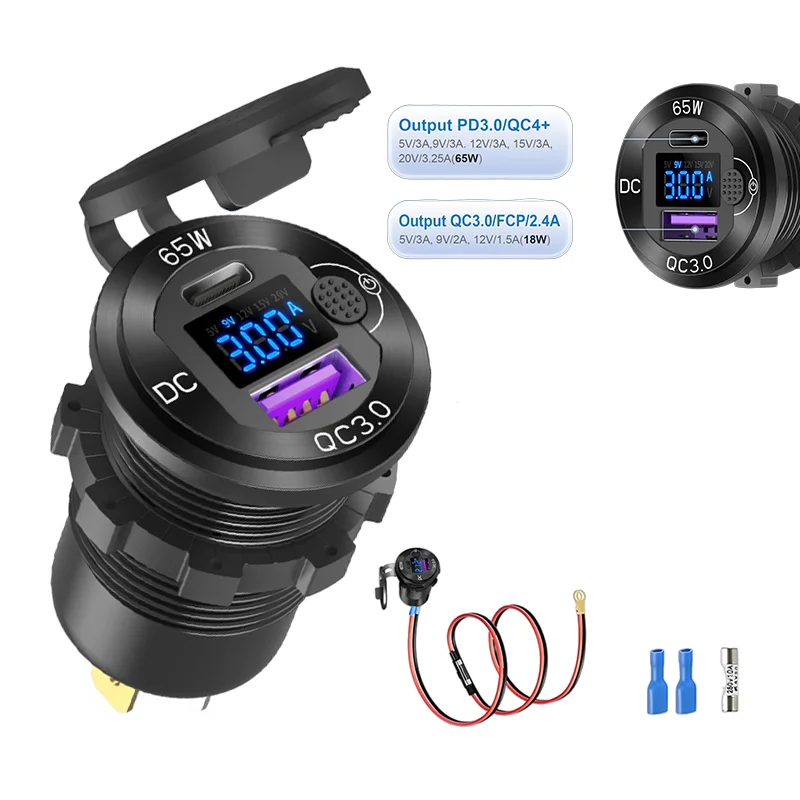 Aluminium 83W 12V USB-Steckdose mit integriertem Boost 65W USB-C Laptop-Autoladegerät 18W QC3.0 USB-Buchse mit Voltmeter für Wohnmobile, Boote, LKWs