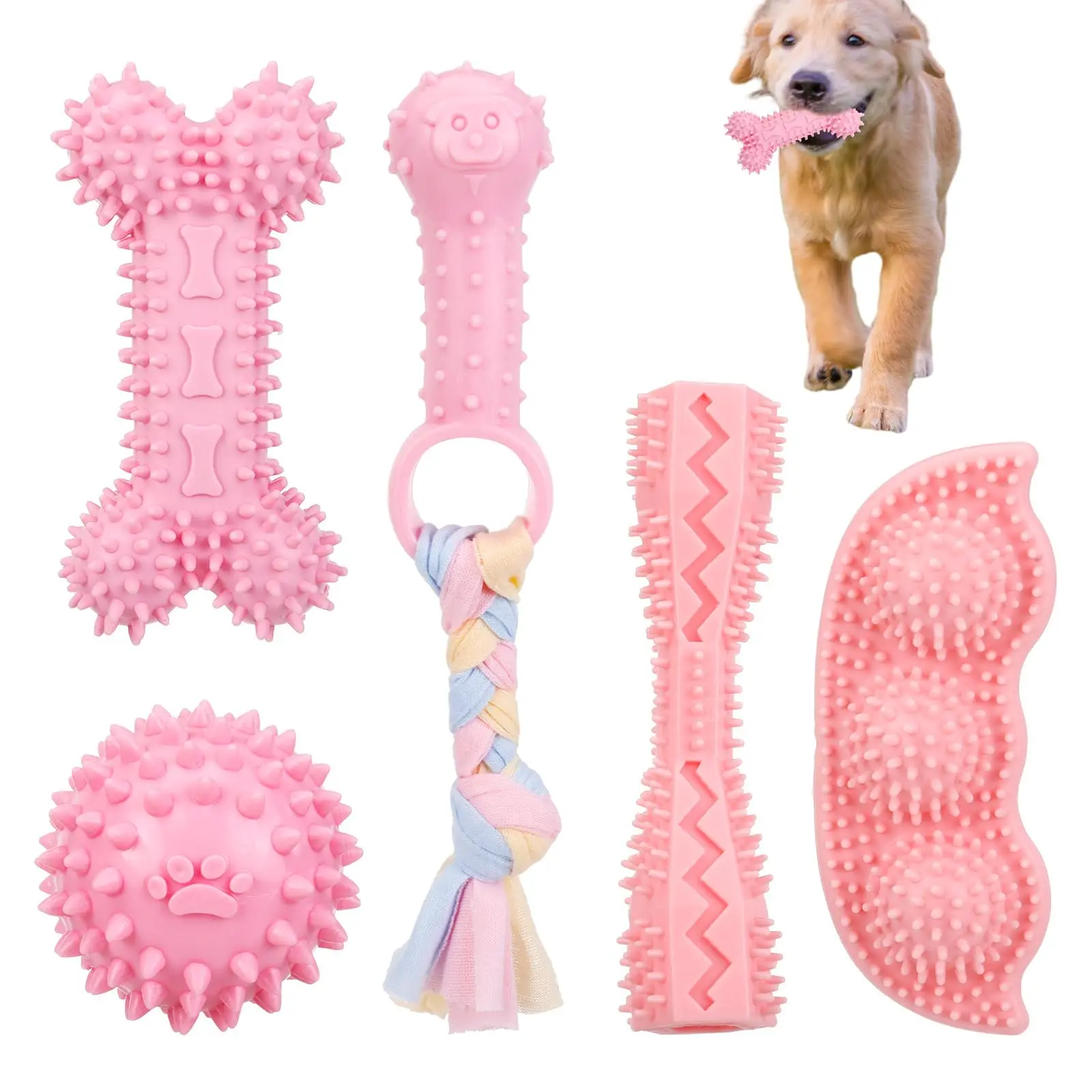 5-piece set of small dog teeth grinding toys, soft rubber cute pink dog toys, teeth cleaning toys, soft rubber rope dog toys