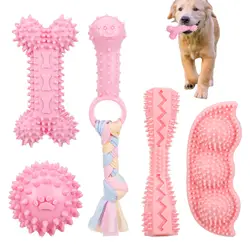 5-piece set of small dog teeth grinding toys, soft rubber cute pink dog toys, teeth cleaning toys, soft rubber rope dog toys