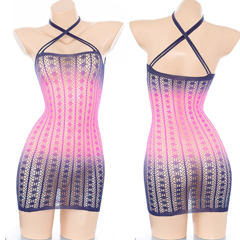 Trendy Sexy Gradient Color Short Dress Women Sexy Lingerie Romance Sheer Fishne… - Image 3