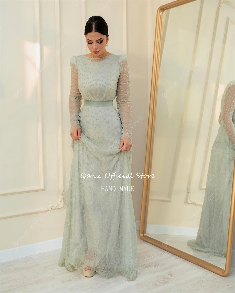 Qanz Sage Green Evening Dresses Long Sleeves Formal Occasion Dresses Elegant Vestidos Longos Para Eventos Especiai Customized