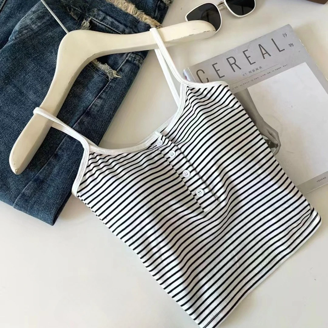 المرأة مخطط زر بروتيل تانك القمم مع وسادة الصدر التخسيس ملابس داخلية القطن مضلع الظهر الجمال قطعة واحدة سترة