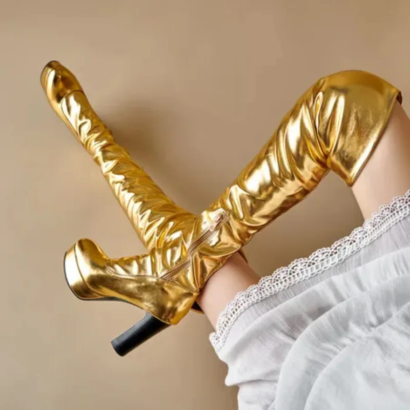 

Большой размер 46, женские эластичные ботинки выше колена, золотистые ботинки на очень высоком каблуке, серебристые зимние туфли до бедра, женские туфли для ночного клуба 2025