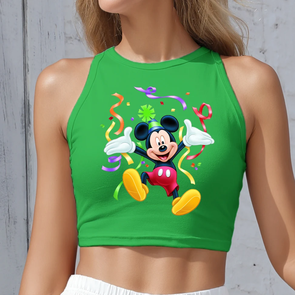 

Women Cartoon Vest Minnie Mickey Mouse Printed Shirt Casual Sleeveless Round Neck Top Fashionable Summer Green Sexy Crop Top