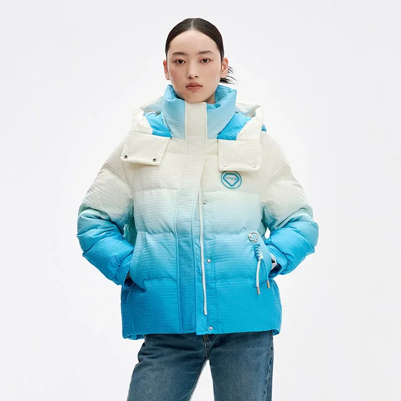 Chericom Damen-Puffermäntel mit Kapuze, Farbverlauf, kurz, Stehkragen, Farbblock, winddicht, Pendler-Daunenjacken Y289082Y