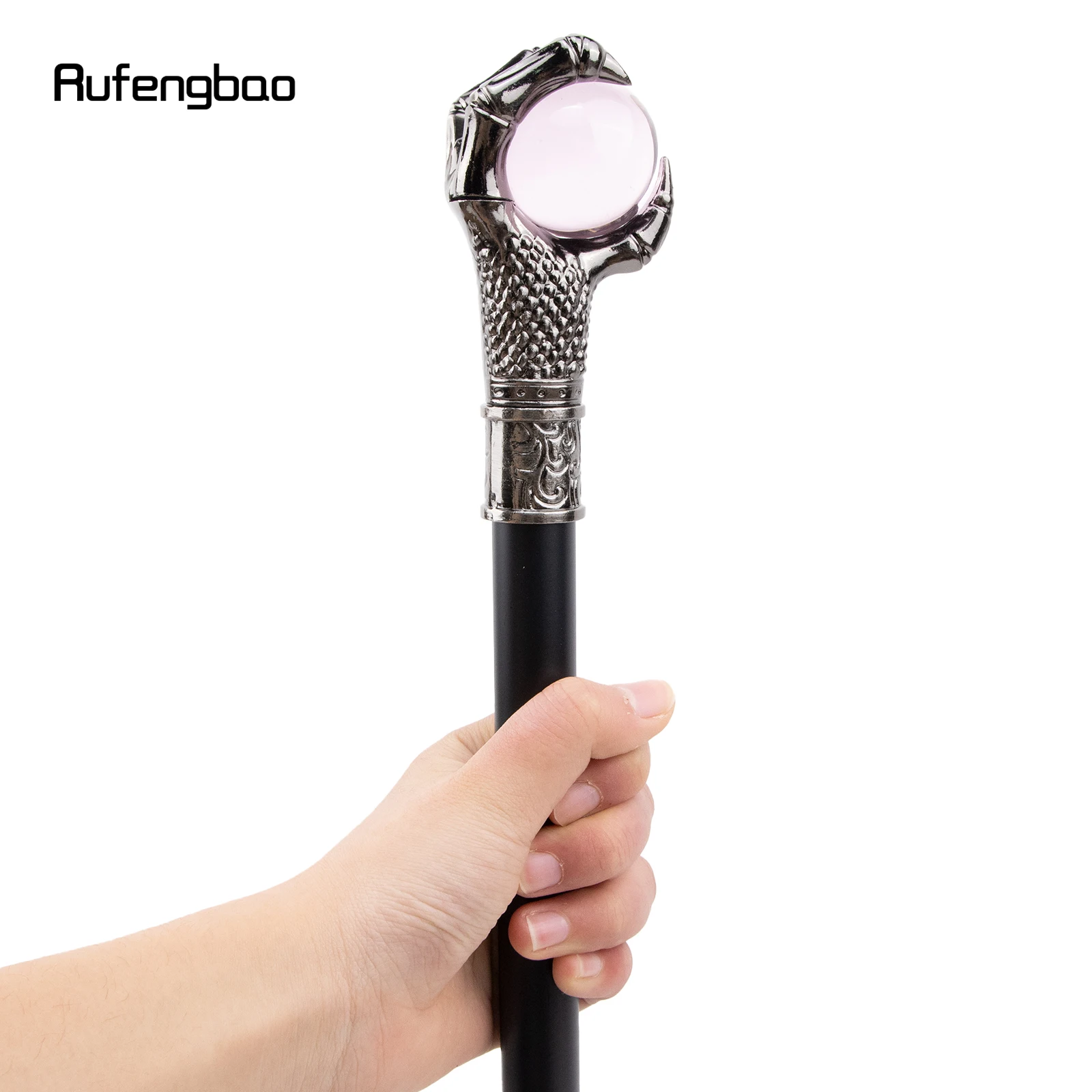 Dragon Claw Grasp Pink Glass Ball Single Joint Silver Walking Stick with Hidden Plate Self Defense Cane Cosplay Crosier 93cm