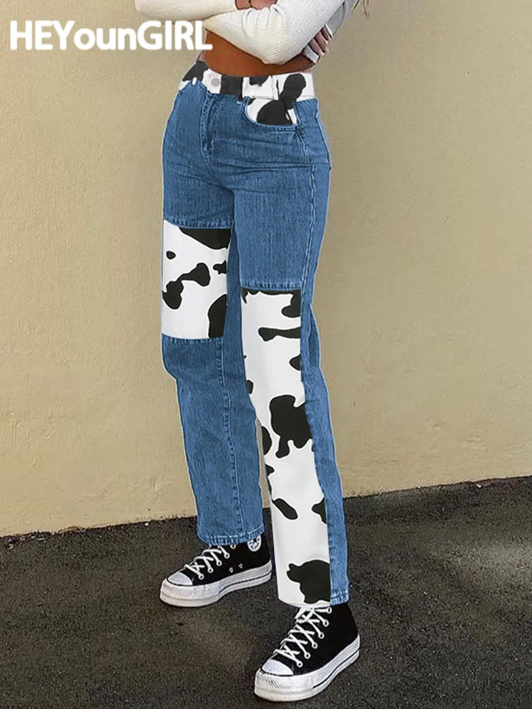 HEYounGIRL Patchwork Cow Print Jeans Women Casual High Waisted Pants Capris Harajuku 90s Black Long Trousers Ladies Street