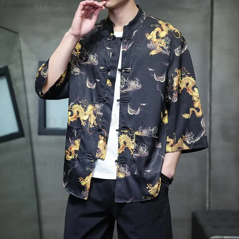 

Мужская рубашка больших размеров 5XL в китайском стиле с традиционным узором дракона, винтажная блузка с пряжкой в стиле Тан, топ