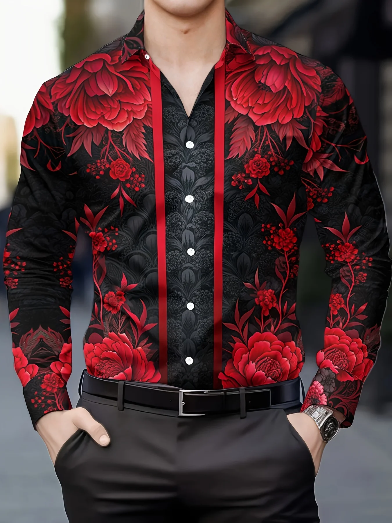 Men Lapel Collar Shirt Noble Black‑Tone Vibrant Red Peony Blossom Lace‑Pattern Graphic Polyester Long‑Sleeve Top