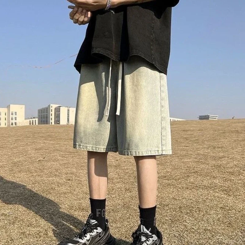 

Male Denim Shorts with Pockets Long Half Drawstring Bermuda Men's Short Jeans Pants Jorts Popular Y2k Fashion Vintage Xl New In