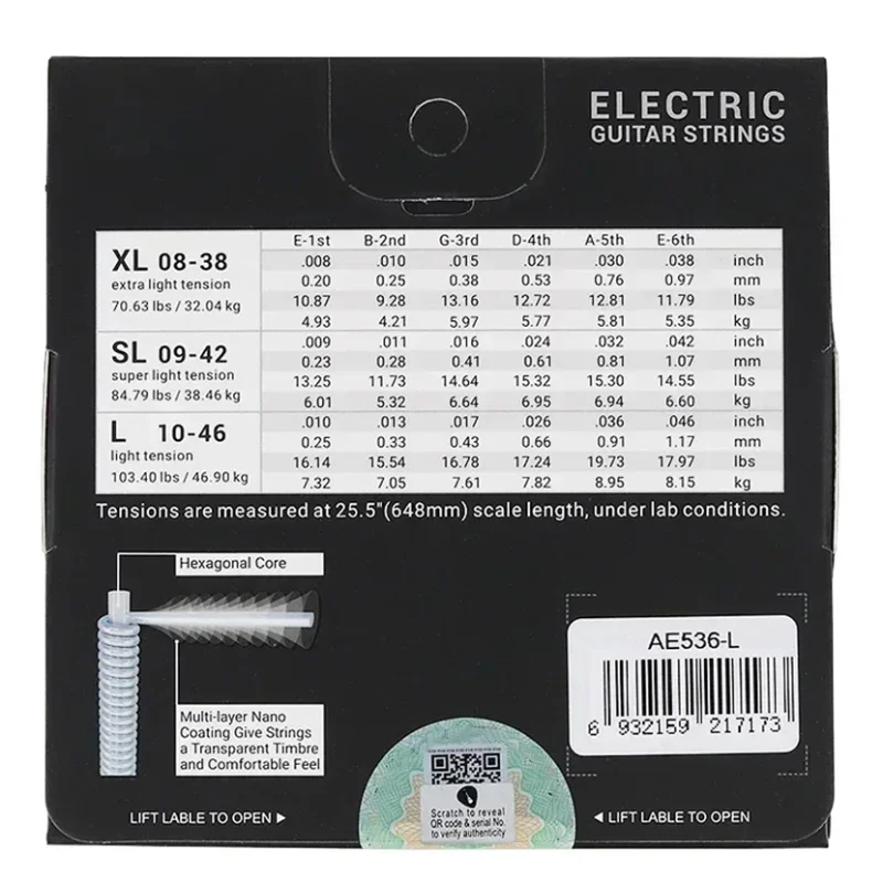 AE536 Electric Guitar Strings Hexagonal High-carbon Steel Core Multipolymer Anti-rust Coating Performance Strings