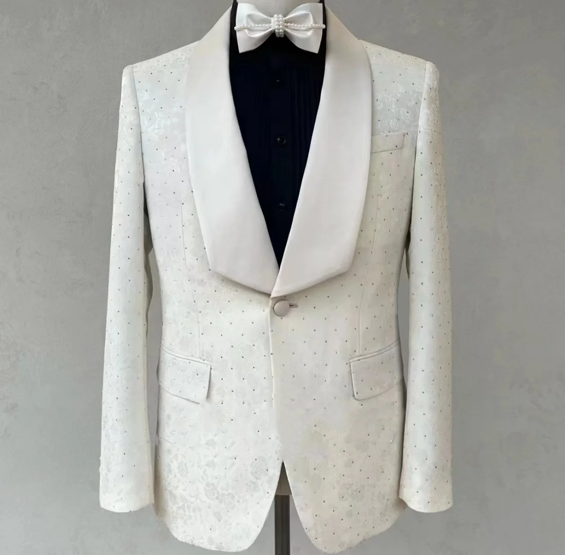 

Custom Latest Design white jacquard Wedding Suits Mens sequin Formal Blazers performances costume Fashion model runway clothing