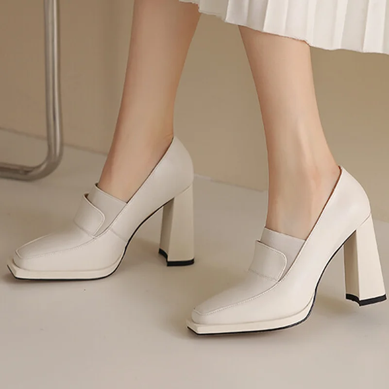 ANNYMOLI Women Genuine Leather Pumps Thick High Heels Square Toe Loafers Platform Party Wedding Spring Autumn Shoes White Brown