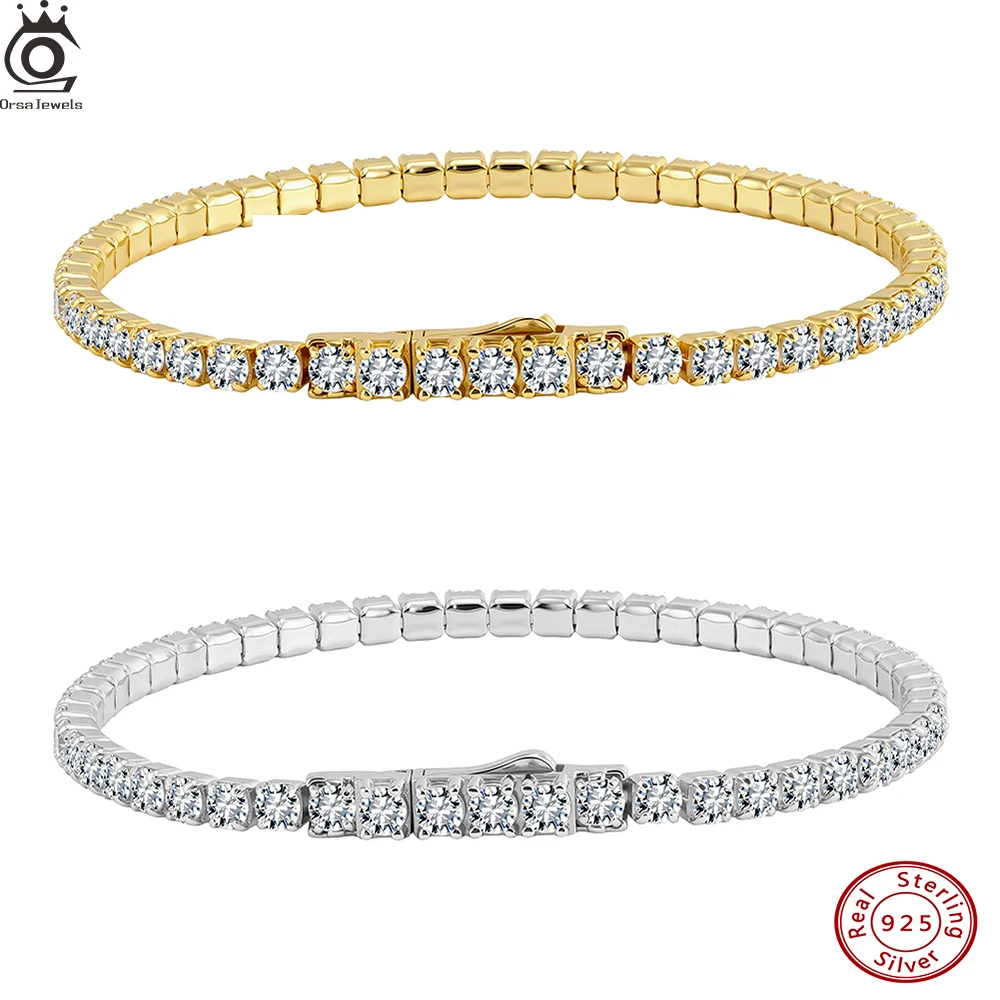 ORSA JEWELS Authentic 925 Sterling Silver Tennis Bracelet Fashion 2mm 3mm 4A Clear Zirconia Bracelet Jewelry for Women SB225