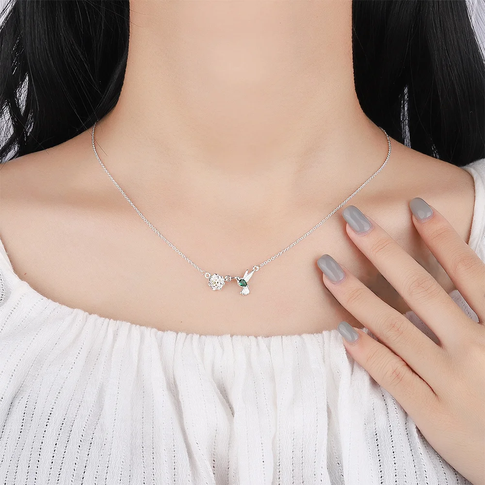 925 Sterling Silver Mint Green Hummingbird Pendant Necklace For Women Water Drop Crystal Bird Charm Necklaces Party Jewelry Gift