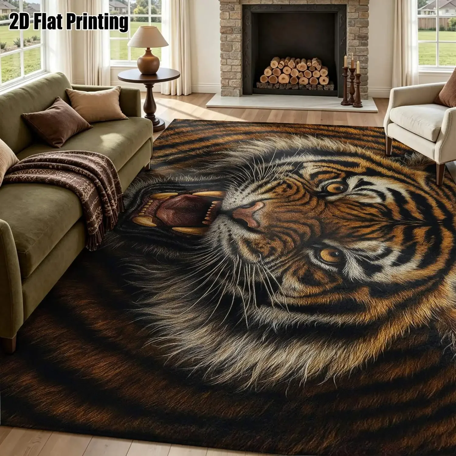 1Pc 2D Printed Brown Yellow Tiger Pattern Carpet: Vintage European Bohemian Geometric Striped Rug, Machine Washable, Multi-Size,