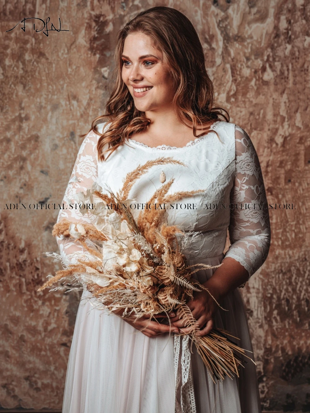 Robe de mariée en dentelle, coupe trapèze, grande taille, avec manches, longueur au sol, manches 3/4