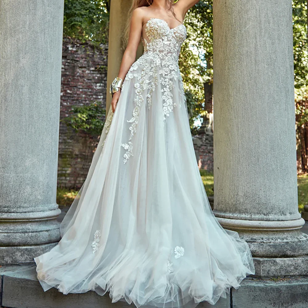 Eleganckie suknie ślubne bez rękawów z aplikacjami w kształcie serca, plisowane, o kroju litery A, suknie dla panny młodej, szyte na miarę.