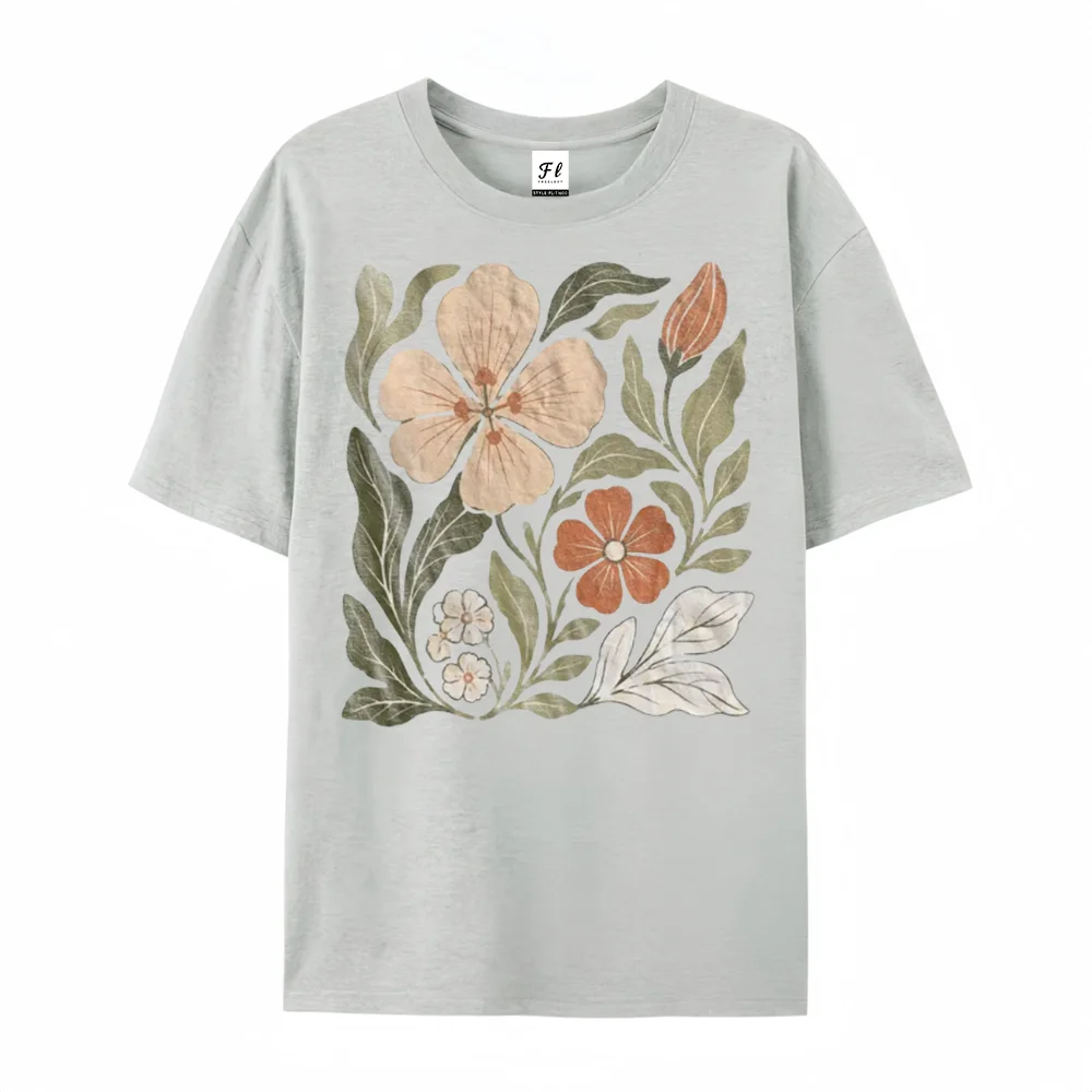 Women Vintage Botanical Floral Graphic T Shirt Retro Wild Flower Print Short Sleeve Crew Neck Loose Casual Streetwear Cotton Tee