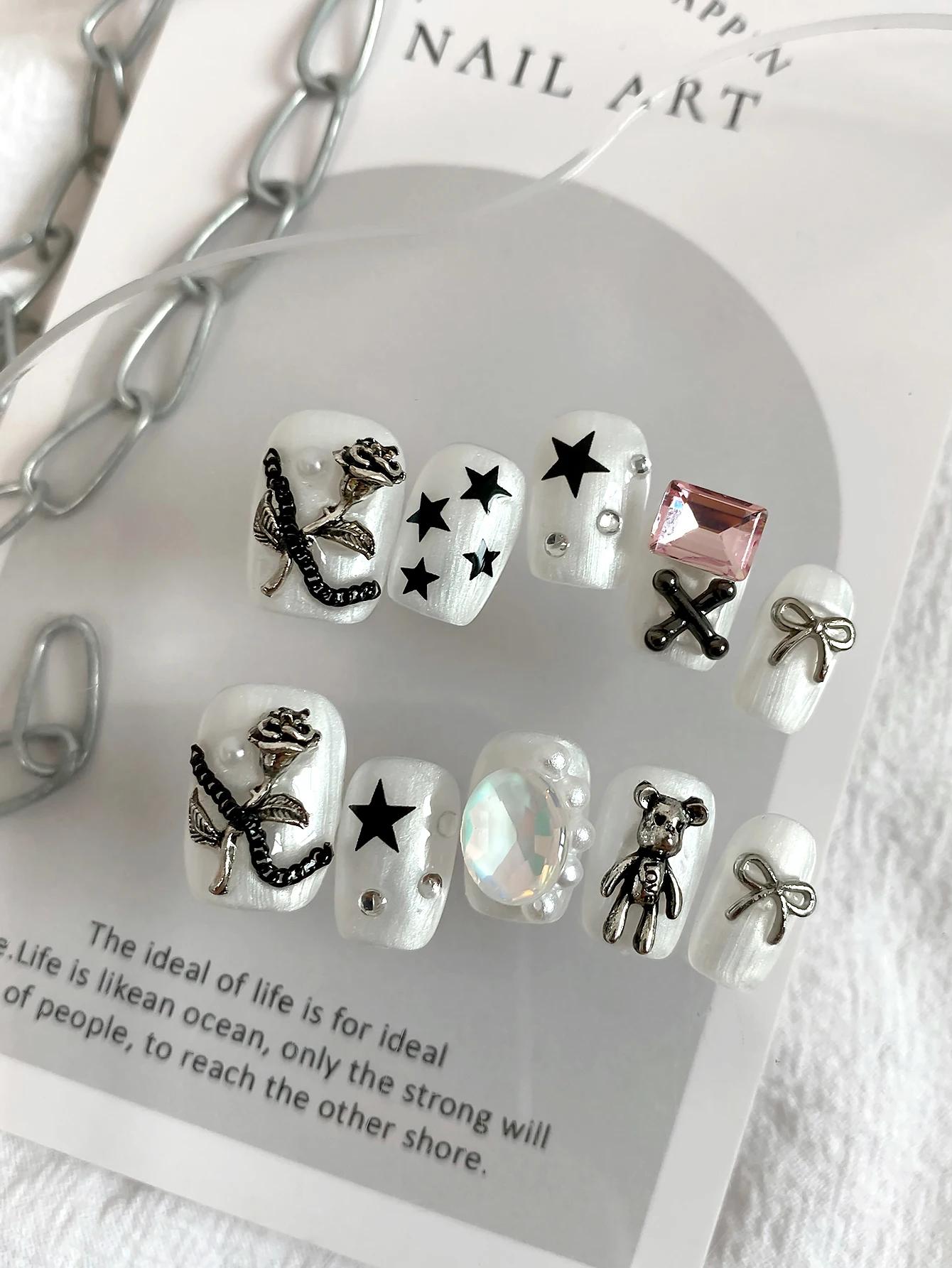 Cute Y2K Press On Nails,Short Square False Nails with Star,Rose,Bow & Bear Decor,Shiny Crystal Handmade Fake Nails