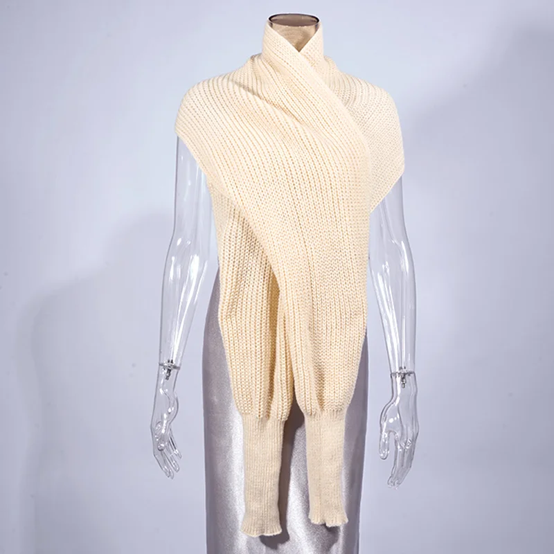 Knitted Shawl With Long Sleeves Elegant Solid Color Wrap Scarf Soft Warm Short Top Autumn Winter Coldproof Knit Shawl Scarves