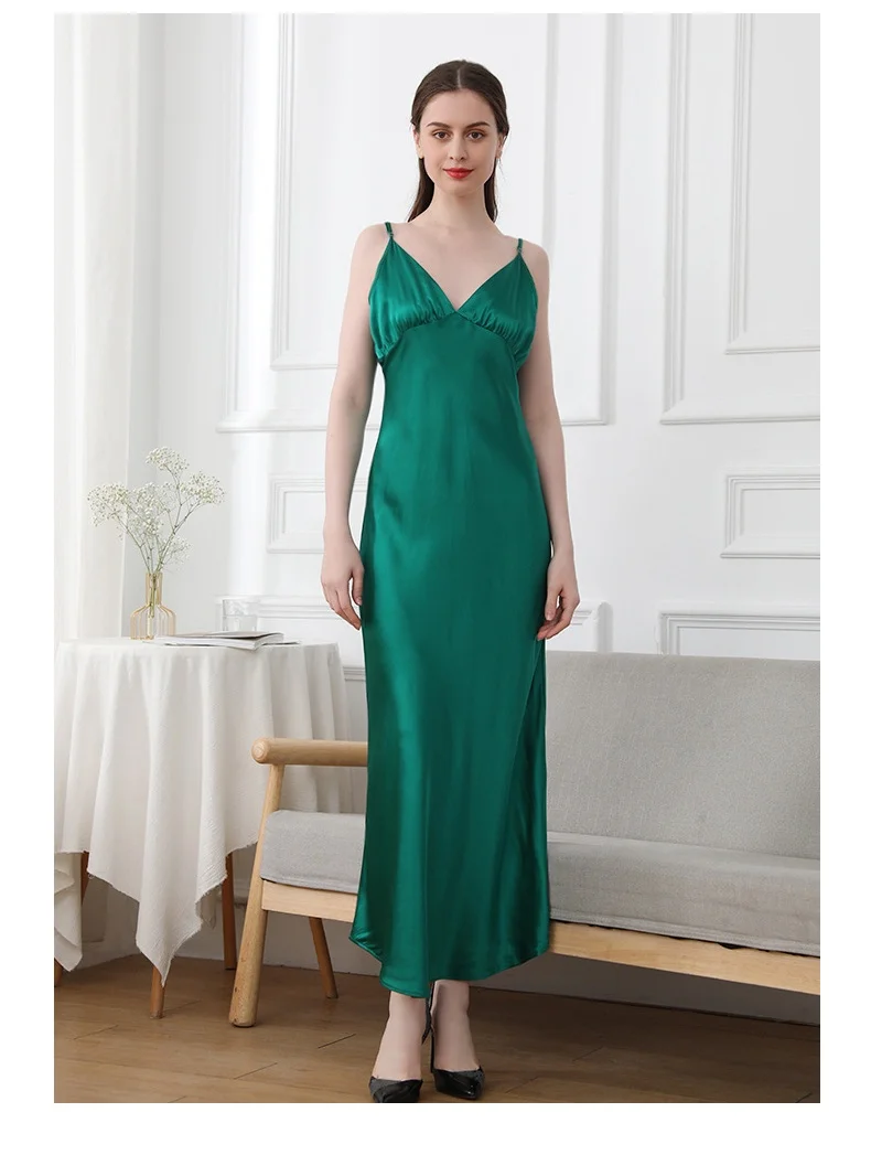 

100% Silk Women Long Nightgown Slip Dress Lingerie Criss Cross Back Sexy Nightie V Neck Nightwear Lace Trim Sling Maxi Dress