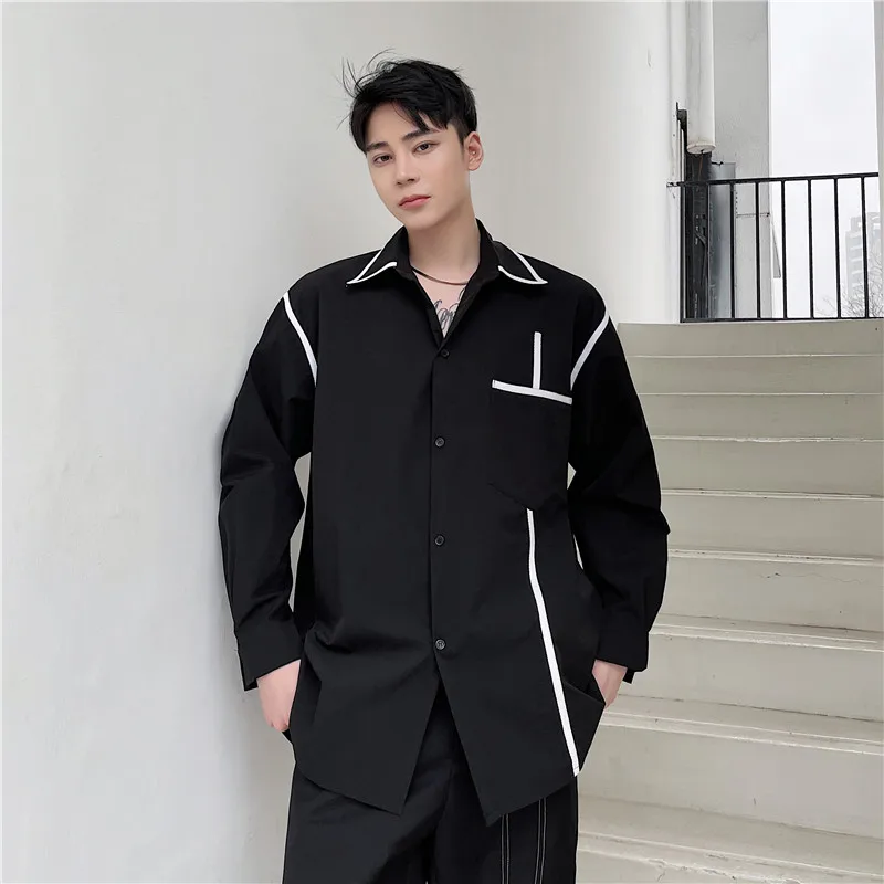 2025 New Men's Spring Autumn Korean Loose Contrast Color Shirt Male Long Sleeve Casual Shirts Men Turn Down Collar Blouses P739