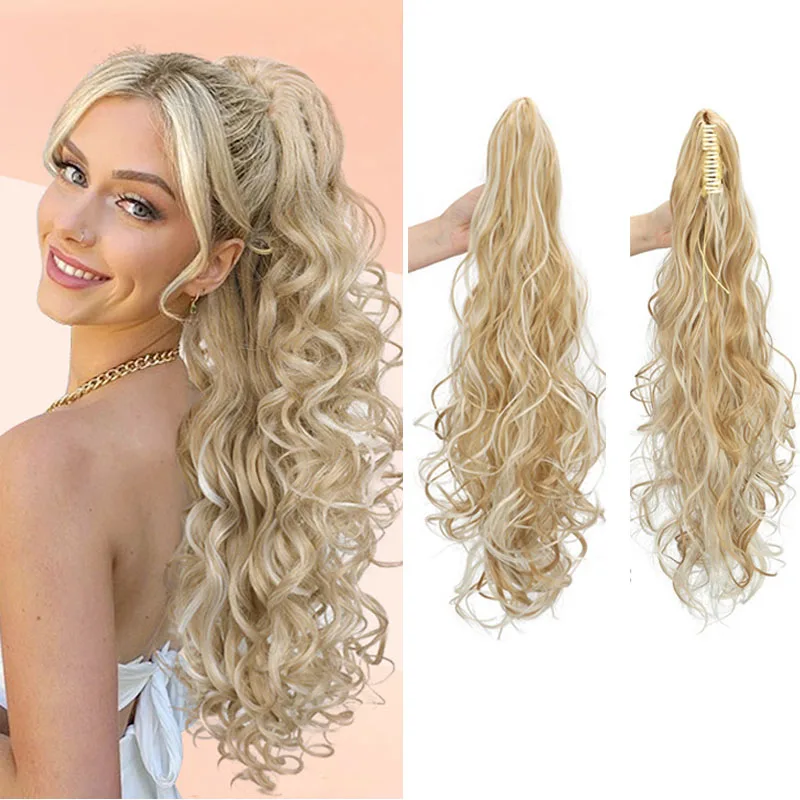 

Синтетический хвостик для наращивания волос, 26 дюймов, длинный зажим для когтей, хвост, термостойкие вьющиеся волны, блондинка, шиньон для женщин