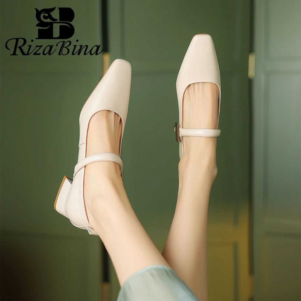 

RIZAIBINA Vintage Women Pumps Genuine Leather Metal Buckle Thick Heel Mary Jean Shoes Female Spring Summer Party Prom Footwear