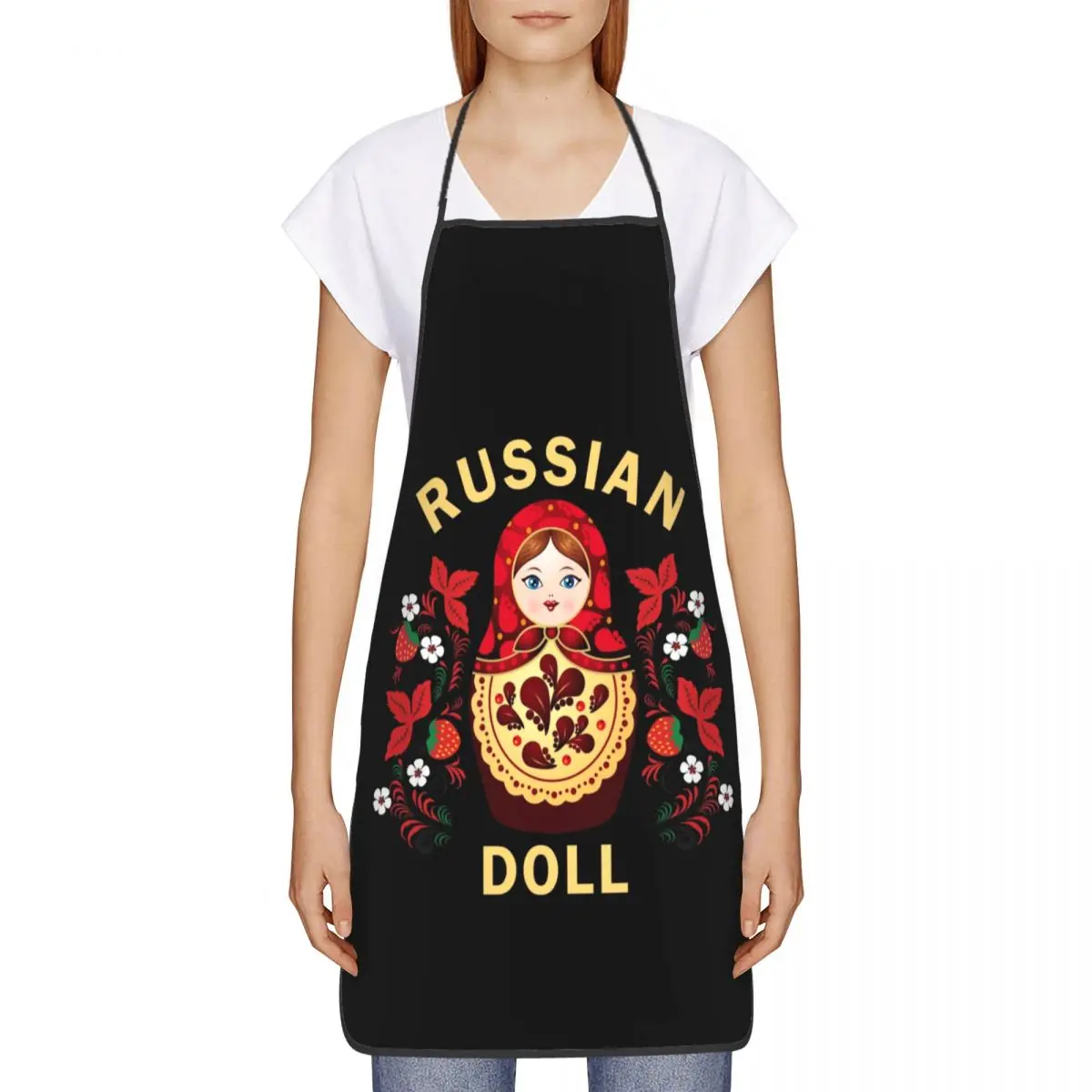 Unisex Matryoshka Russian Doll Bib Apron Adult Women Men Chef Tablier Cuisine for Kitchen Cooking Flowers Pattern Baking