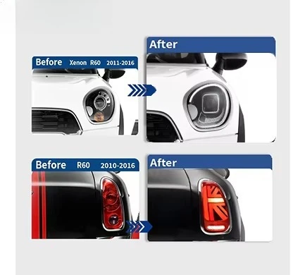 HETOP Mini R60 Headlight Taillight 2010-2016 Set Custom Dual Beam Projector Upgrade LED Sequential Turn Signal Tail Lamp for