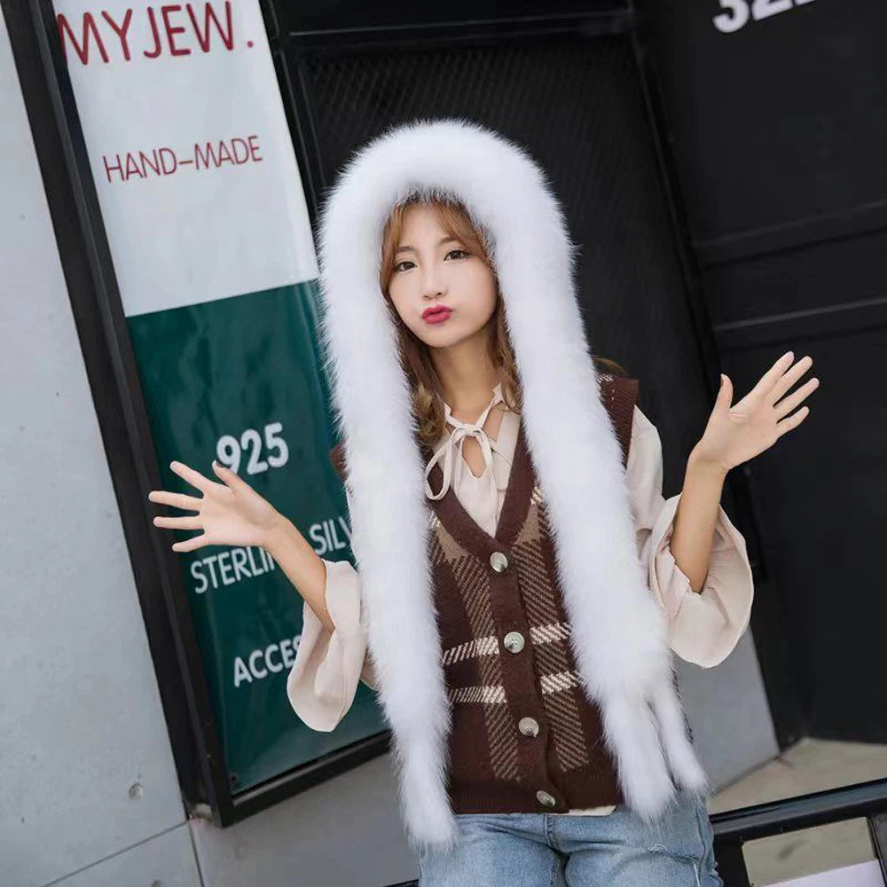 Hot Sell Winter Women Natural Fox Fur Hats&Scarves Lady Warm Fluffy Real Fox Fur Hat&Scarf Luxury Knit Genuine Fur Hooded Scarf