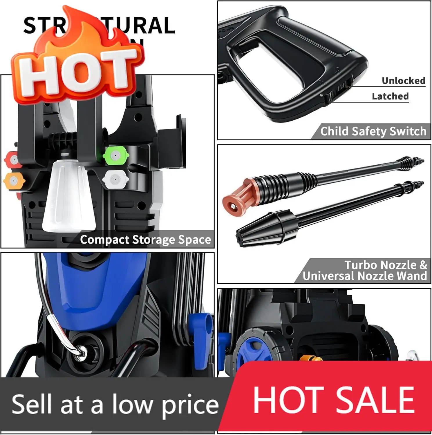 

Модернизированная электрическая мойка высокого давления 4300 PSI 2.8 GPM с 7 насадками Turbo 360 ° Фильтр-насадка для пенной пушки с входным шлангом для мойки автомобилей